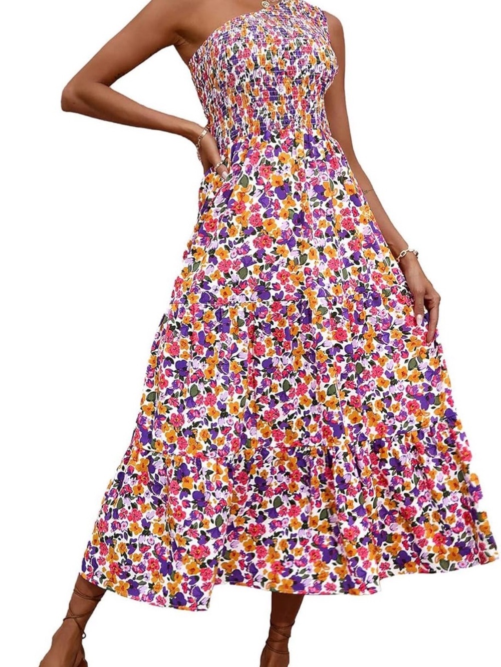One-Shoulder Floral Smocked Maxi Dress Size Large